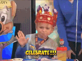 Video gif. A little boy in a Chuck E. Cheese birthday crown dances in celebration. Text, “Celebrate!!!”