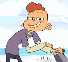Cartoon gif. A teen boy leans onto a railing, biting his lip and wiggling his eyebrows manically.