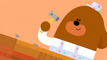 Cartoon gif. Duggee from Hey Duggee montage style, happily hammers nails into wood, wearing overalls and a matching hat. We see him use a power screwdriver on some screws into wood, and then three paint rollers roll up and down a wood surface. 