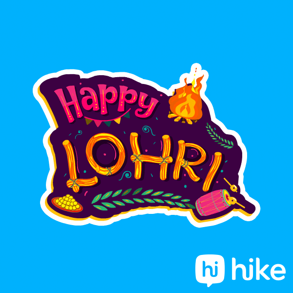 Text gif. Several small illustrations of a bonfire, a towering plate of what looks like Mithai, and a drumming dhol drum. Text, “Happy Lohri.”