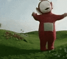 TV gif. A tired Po from Teletubbies collapses onto the grass.