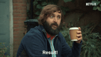 TV gif. David Earl as Brian in After Life sits in front of a house with a take out cup of coffee. He takes a sip of coffee with a smirk as he says, “Result!!”