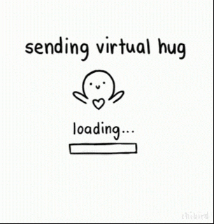 Illustrated gif. A black sketched figure with a round head, outstretched arms, and a heart on its chest. Above the figure, black text reads, "sending virtual hug." A rectangular progress bar slowly fills with text, "hug sent." 