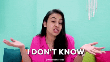 Celebrity gif. Nicole Concessao holds her palms up and shrugs, raising her eyebrows while turning her head and saying, "I don't know," which appears as text.