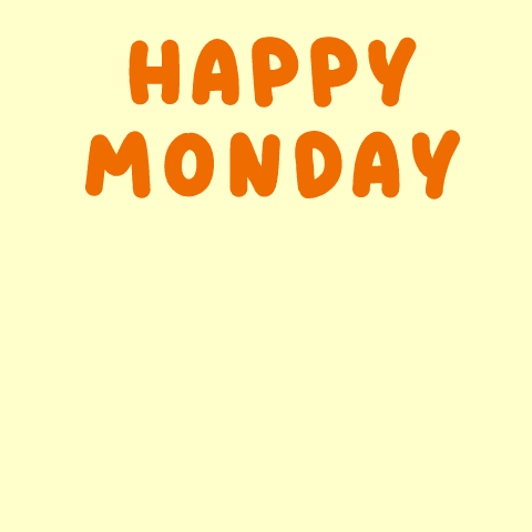 Cartoon gif. Blambi, the little yellow winged dinosaur from DinoSally, perches on top of a to go coffee cup, flapping its wings and flying across frame. Orange hearts emerge as it stops in the center below text that reads, "Happy Monday."