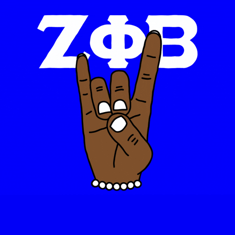 Illustrated gif. Deep brown hands with white nail polish, ring and middle fingers folded down to touch the thumb, then in a fist of solidarity, under the Greek letters for Zeta Phi Beta in white on a cobalt background. Text, "Vote!"
