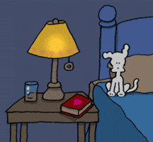 Cartoon gif. Chippy the Dog stands on the edge of a bed, leaning precariously to turn off a yellow lamp on a nightstand. The image goes black, then we see the Text, "Goodnight. I love you."