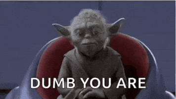 Movie gif, Star Wars gif. Seated in a round chair, a 3D-rendered Yoda stares at us and lowers his head. Text, "Dumb you are."