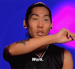 Reality TV gif. Talking head of Gia snapping her fingers as she tosses her head forward and says, "Work."