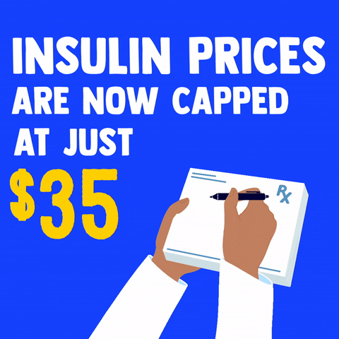 Digital art gif. Block letters on a cobalt blue background headline, "Insulin prices are now capped at just $35," above hands in a doctor's coat that write "Thanks, Biden," on a prescription pad.