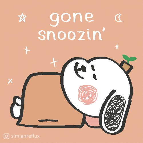 Illustrated gif. Popi the dog sleeps peacefully on his back as stars twinkled around him. Text, "Gone snoozin'."