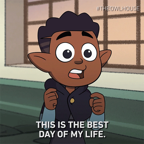 Cartoon gif. A stunned Gus Porter in The Owl House says, “This is the best day of my life.”