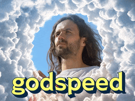 Digital art gif. A man who looks like Jesus is edited to appear as if he's among the clouds. He presses his hands together in prayer and bows his head, closing his eyes solemnly. Text, "Godspeed."