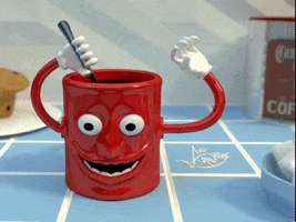 Cartoon gif. A computer generated mug sitting on a counter, has a smiling face and crazy eyes, and uses its hand to stir the coffee inside of it with a spoon. A sugar cube falls out of a dish next to it on the counter, which it picks up and throws into the coffee. 