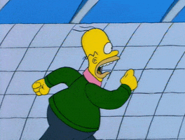 The Simpsons gif. Homer Simpson running fast, wearing a green sweater over a pink-collar shirt.