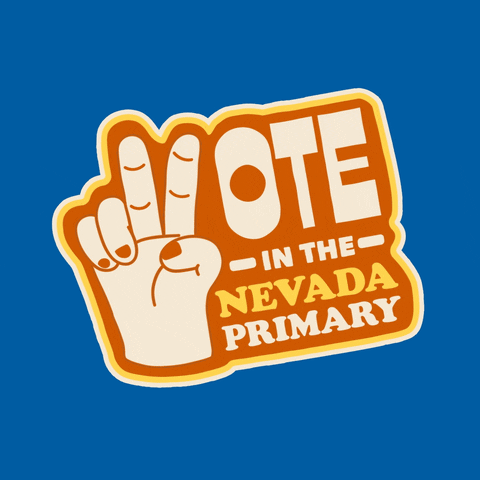 Digital art gif. A hand rocking side to side holds up a peace sign and the text reads, "Vote in the Nevada Primary" with the V of vote being the peace sign.