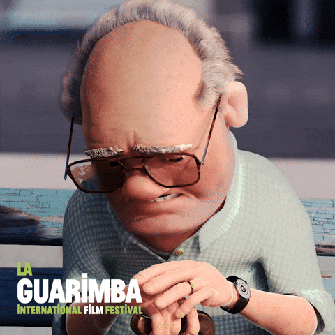 Digital art gif. An old man sits on a bench outside. He leans over with his hands over his cane. His head hangs in shame and he looks up with a guilty expression on his face.