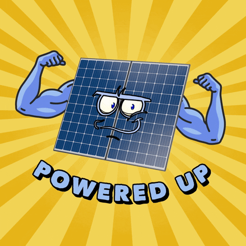 Digital art gif. A solar panel with a face and arms flexes its biceps. Sun beams rotation in the background. Text, "Powered up."