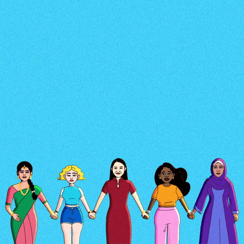 Digital art gif. Five diverse women hold hands against a light blue background beneath the message, “We will never break.”