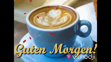 Video gif. A blue mug on a blue saucer topped with latte art has red confetti falling around it. Text, "Guten Morgen!"