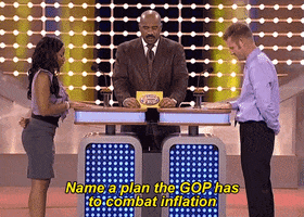 TV gif. Steve Harvey on Family Fued, flanked by two contestants at the face-off podium, reads "Name a plan the GOP has to combat inflation," Amber hits the buzzer and quickly ventures "There is no plan." Harvey turns to the board commanding "Show me," the board revealing, in 2nd place, "No plan, 11 points."