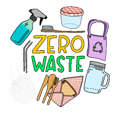 Digital art gif. Cartoon illustrations of a jam jar, a reusable bag, metal straws, a wooden toothbrush, a mason jar, a reusable sandwich bag, another reusable bag, and a spray bottle are gathered in a circle around text that reads, "zero waste."