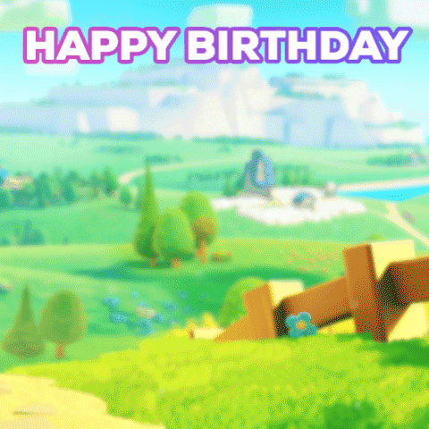 Video game gif. Little baker boy from the game Everdale holds out a small cake with a candle on it and smiles at us. Text, “Happy Birthday.”