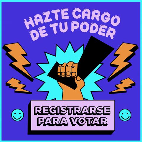 Digital art gif. Hand holds a large black checkmark in front of a spinning starburst surrounded by gold lightning bolts against a blue background. Text above reads, “Hazte cargo de tu poder.” Two spinning happy face emojis flank the text, “Registrarse para votar.”