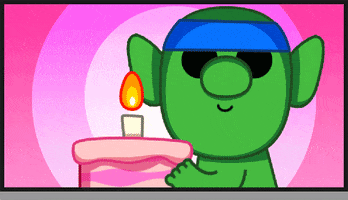Cartoon gif. Green character with a blue bandana around its forehead throws a pink birthday cake at us which covers the frame in pink frosting.