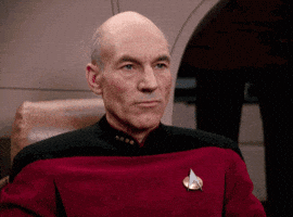 TV gif. Patrick Stewart as Jean-Luc Picard from Star Trek stoically points offscreen as he speaks. Text, "Make it so."