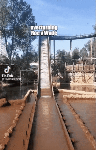 Video gif. Water park roller coaster car labeled “Overturning Roe v Wade” hesitates at the top of a steep ramp before sliding toward a pool of water, splashing a massive wave labeled “Blue Wave” directly at us.