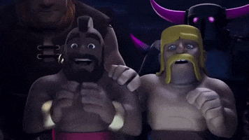 Video game gif. The Barbarian and Hog Rider from Clash of Clans watches something from the sidelines. The Hog Rider gasps, covering his mouth with his hands, and has an excited glint in his eye. The Barbarian has a hand on his shoulder and smiles.