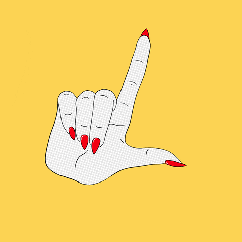Digital art gif. Pop art style feminine hand with red pointy nails makes an L sign and lifts up to reveal the word “LOSER” before lowering and erasing the word.