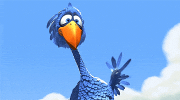 Cartoon gif. A blue bird with a long neck waves his little feathered fingers and grins.