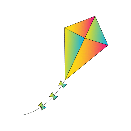 Sticker gif. Rainbow colored kite flies in the air with three bow ties on the string behind it.