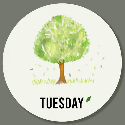 Illustrated gif. Leaves blow from a watercolor style tree. Text reads, "Happy Tuesday," the word "Happy" appearing as the leaves blow.