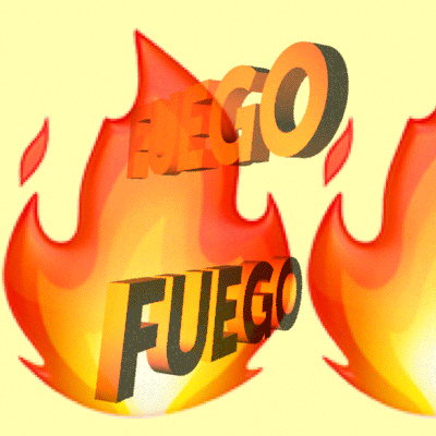 Text gif. Against a background of flames falls the circulating text, “Fuego.”