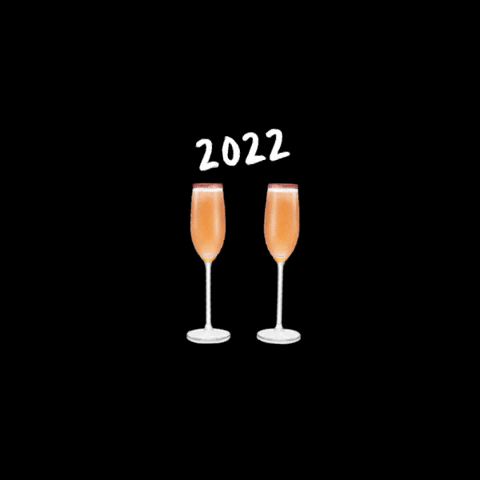 Holiday gif. Sugarcoated champagne glasses clink together against a solid black background, and decorative white lines appear after they clink. Tilting from side to side, text reading "2022" rests above.