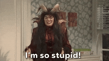 SNL gif. Melissa Villaseñor wears a demon costume with horns as she facepalms and says, "I'm so stupid."