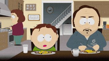 South Park gif. Scott Malkinson eats dinner with his dad. He says, "Dad...I love you." His dad doesn't look up from his plate, responding, "What?" Scott repeats, "I love you so much." Then he turns to his dad and begs, "Please can we get Disney Plus?"
