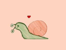 Illustrated gif. A little doodled snail looks joyful as it tilts its head sideways to give us a small smile. As it tilts its head, a little heart pops out.