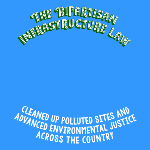 Digital art gif. Cartoons of three people appear in front of us: one cleaning up hazardous waste and two who are watering and planting little green plants, all against a bright blue background. Text, "The bipartisan infrastructure law cleaned up polluted sites and advanced environmental justice across the country."