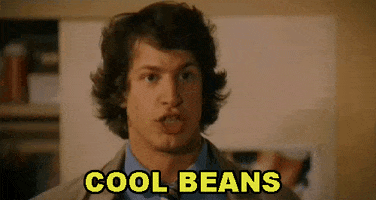 Movie gif. Andy Samberg as Rod in "Hot Rod" opens his mouth wide as he shouts, "Cool Beans" which appears as text.