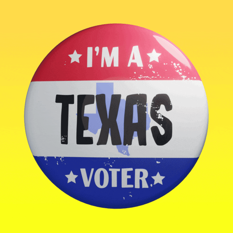 Digital art gif. Round red, white, and blue button featuring the shape of Texas spins over a yellow background. Text, “I’m a Texas voter.”