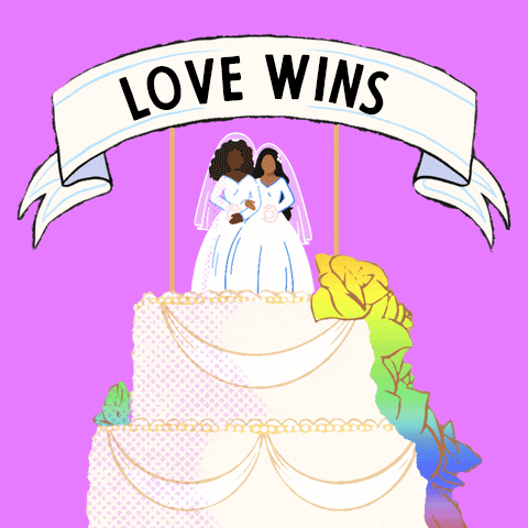 Digital art gif. White wedding cake on a pink background, atop, a rotating selection of cake toppers featuring couples of all kinds, some gay, some straight, some who look alike, some who look different, some interracial, all under a banner that reads, "Love wins."