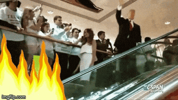 Meme gif. Donald and Melania Trump descend down an escalator, waving to a gathered crowd. As they descend, they grow closer and closer to an animation of large, threatening flames.