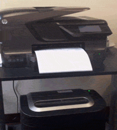 Video gif. A freshly-printed sheet of paper falls straight from the printer into a shredder where it's automatically destroyed. 