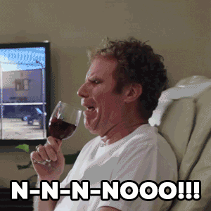Celebrity gif. Will Ferrell as James in Get Hard bounces in a vibrating chair as he tries to sip from a wine glass that spills down his front. Text, "Nnnnnooooo!"