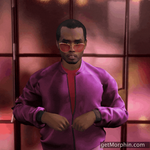 Digital art gif. Puff Daddy wears red tinted sunglasses and a pink jacket. He wiggles his hips and tosses golden confetti in the air. 