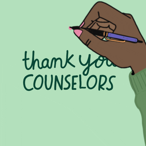Text gif. Hand with pink nail polish draws a pink heart on a mint green background around the words "Thank you, counselors."